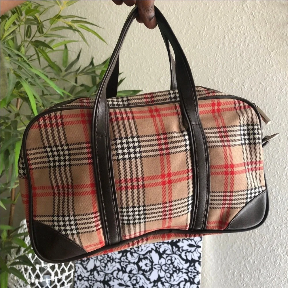 Brown red houndstooth plaid satchel tote hobo messenger mini suitcase bag purse